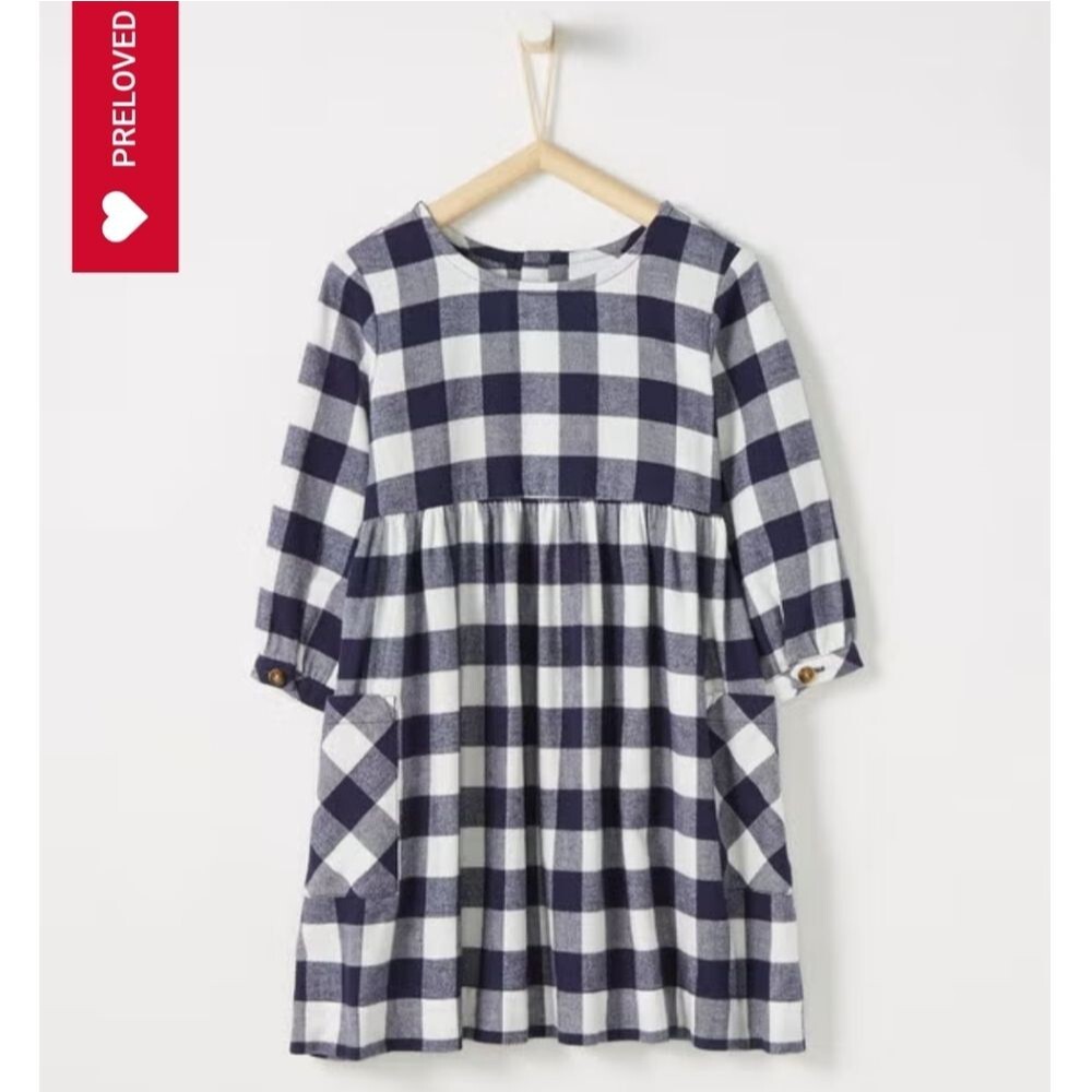 Hanna Andersson Blue Buffalo Plaid Flannel Long Sleeve Dress Size 10